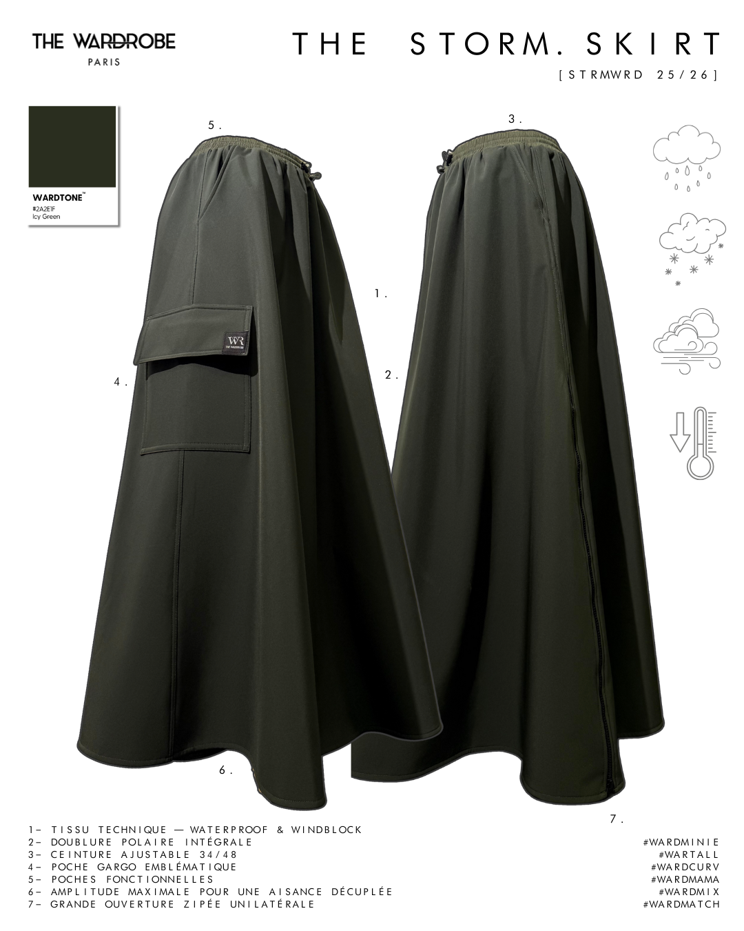 THE STORM. SKIRT — Maxi jupe technique imperméable et doublée polaire — coupe oversize structurée, dotée d’un maxi-zip latéral et d’une poche cargo emblématique