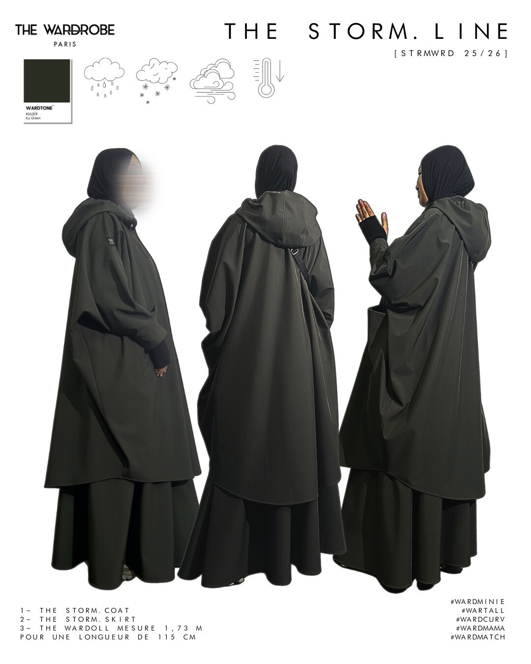 THE STORM. COAT — Manteau technique oversize à capuche et col montant — chaud, imperméable et coupe-vent, doté de manchettes mitaines intégrées