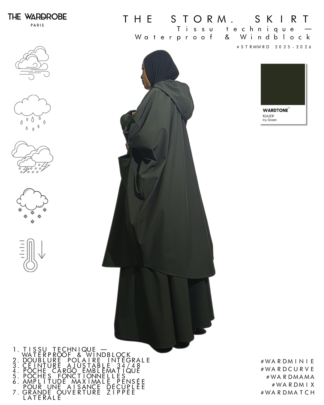 THE STORM. SKIRT — Maxi jupe technique imperméable et doublée polaire — coupe oversize structurée, dotée d’un maxi-zip latéral et d’une poche cargo emblématique
