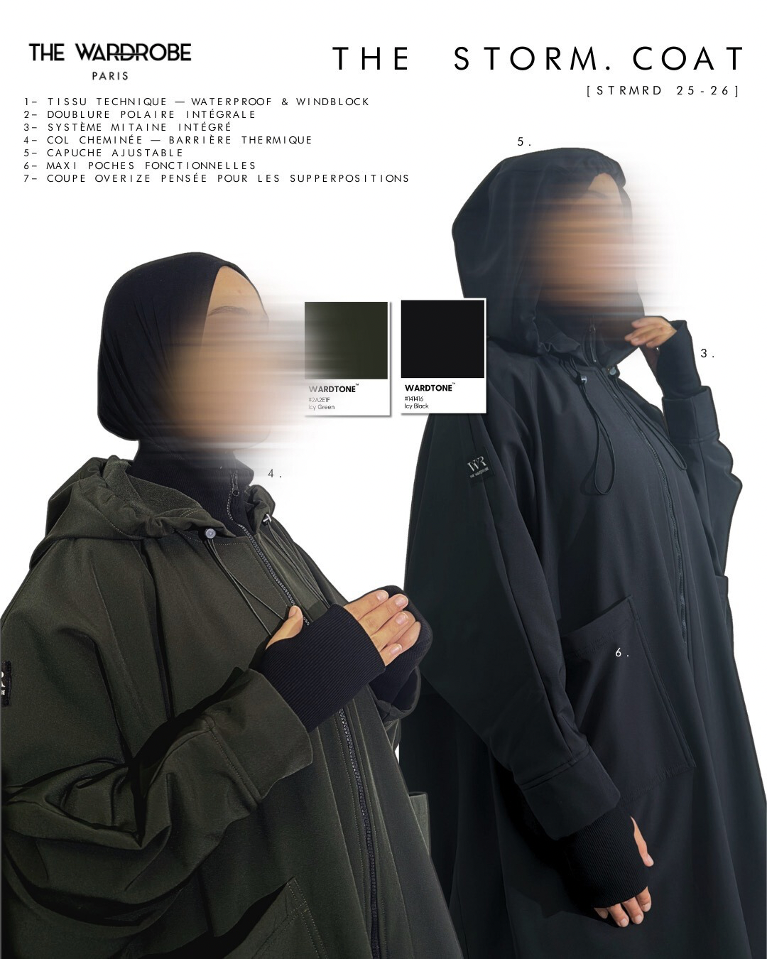 THE STORM. COAT — Manteau technique oversize à capuche et col montant — chaud, imperméable et coupe-vent, doté de manchettes mitaines intégrées