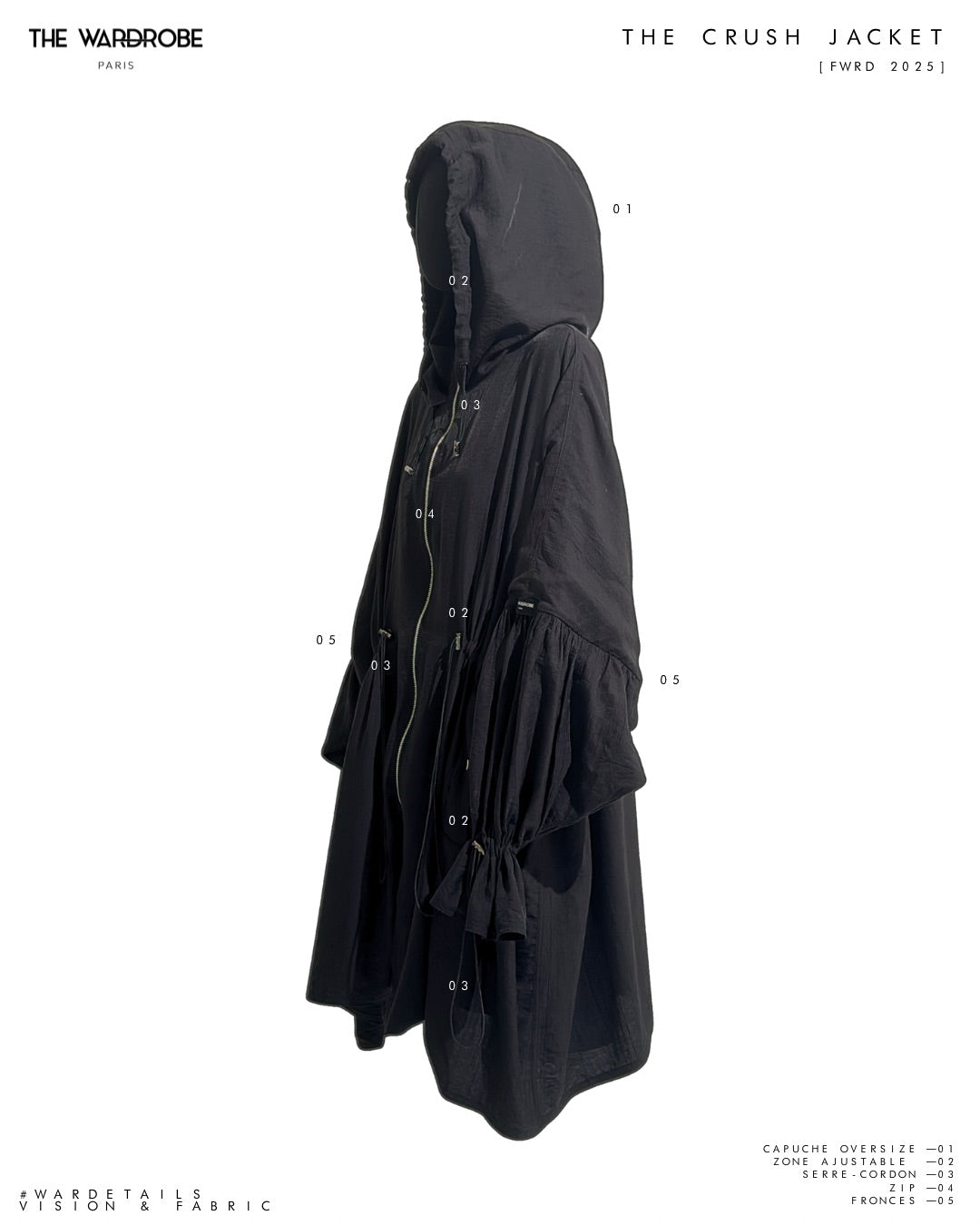 THE CRUSH JACKET — Veste-tunique hybride fluide à capuche, ajustable, manches tulipe avec fermeture zippée