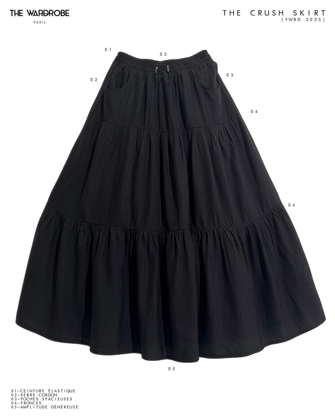 THE CRUSH SKIRT — Maxi jupe bohème fluide à fronces — volume aérien, tombé souple et amplitude de mouvement