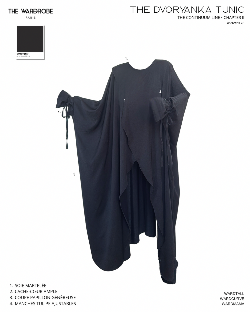 The DVORYANKA Tunic en Absolute Black, vue de face. Tunique cache-cœur ample en soie martelée avec coupe papillon généreuse et manches tulipe ajustables. The Continuum Line.