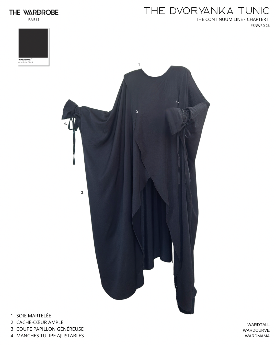 The DVORYANKA Tunic en Absolute Black, vue de face. Tunique cache-cœur ample en soie martelée avec coupe papillon généreuse et manches tulipe ajustables. The Continuum Line.