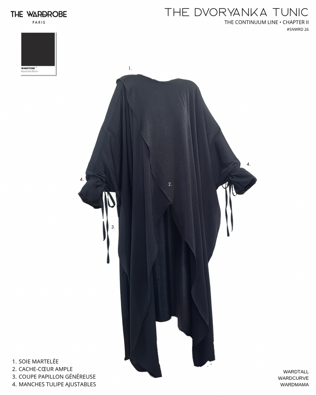 The DVORYANKA Tunic en soie martelée Absolute Black. Tunique cache-cœur ample à coupe papillon généreuse et manches tulipe ajustables. Pièce fluide de The Continuum Line pensée pour accompagner différentes morphologies.