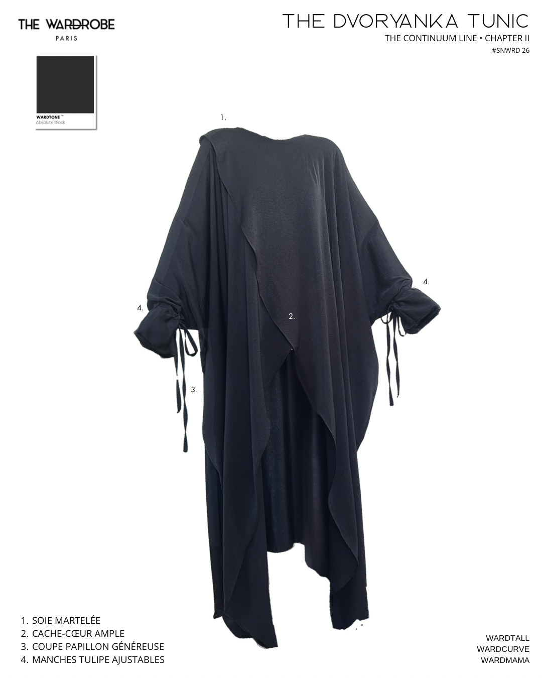 The DVORYANKA Tunic en soie martelée Absolute Black. Tunique cache-cœur ample à coupe papillon généreuse et manches tulipe ajustables. Pièce fluide de The Continuum Line pensée pour accompagner différentes morphologies.