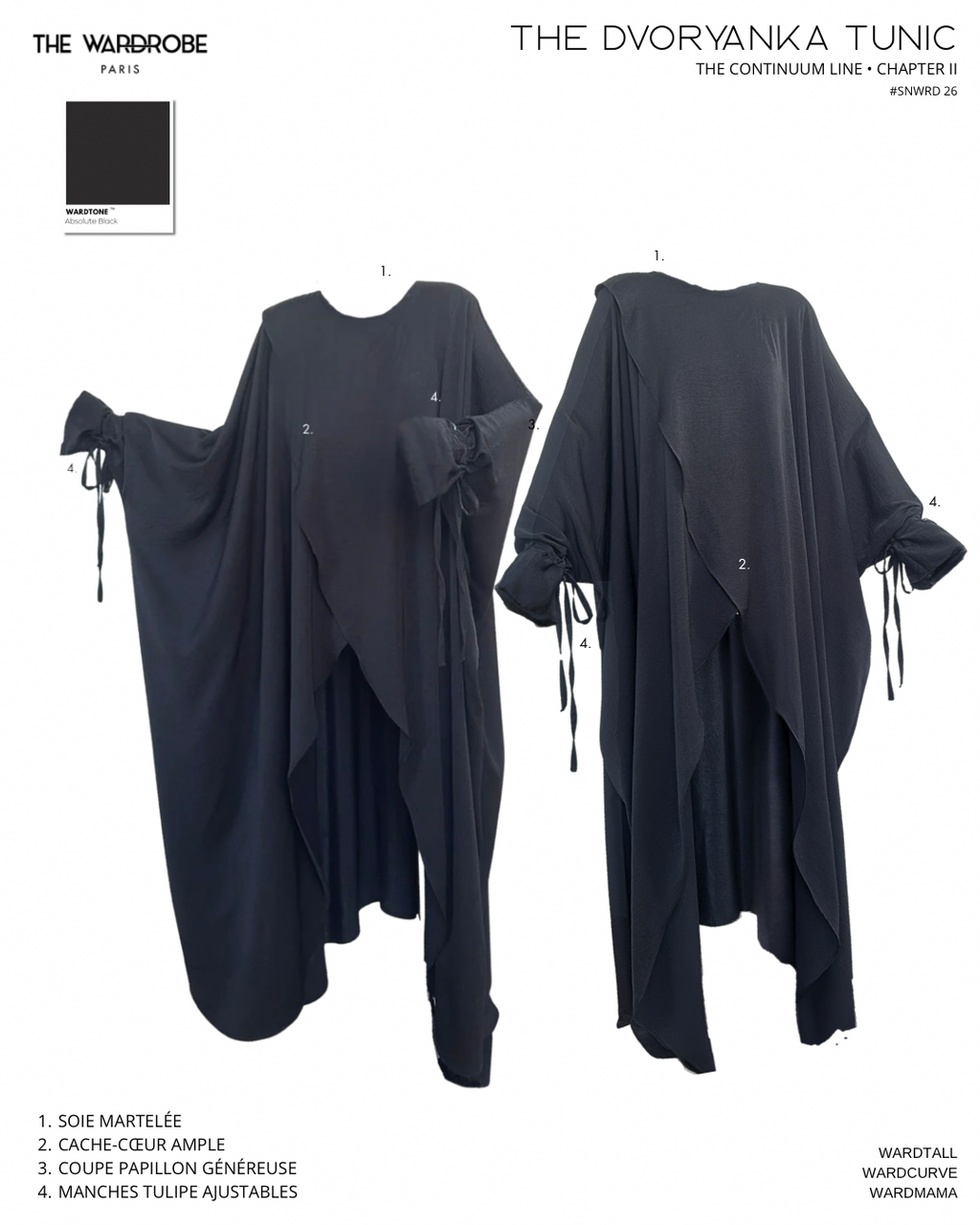 The DVORYANKA Tunic en Absolute Black présentée sous deux vues complémentaires. Tunique en soie martelée avec cache-cœur ample, coupe papillon généreuse et manches tulipe ajustables. Pièce de The Continuum Line adaptée à différentes morphologies.