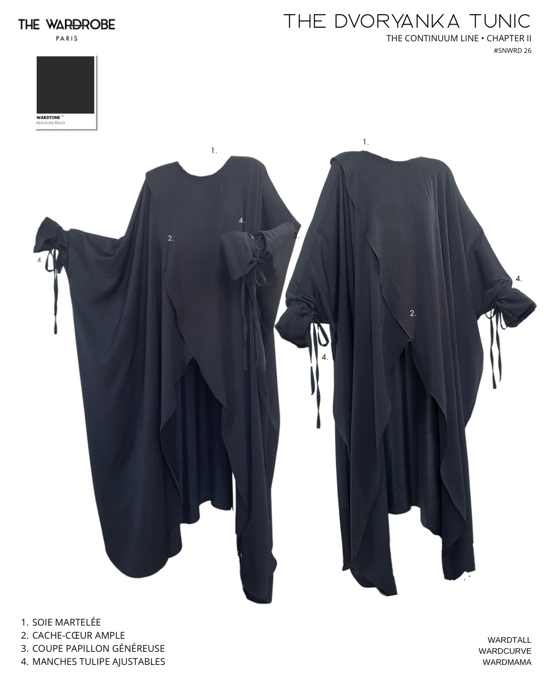 The DVORYANKA Tunic en Absolute Black présentée sous deux vues complémentaires. Tunique en soie martelée avec cache-cœur ample, coupe papillon généreuse et manches tulipe ajustables. Pièce de The Continuum Line adaptée à différentes morphologies.